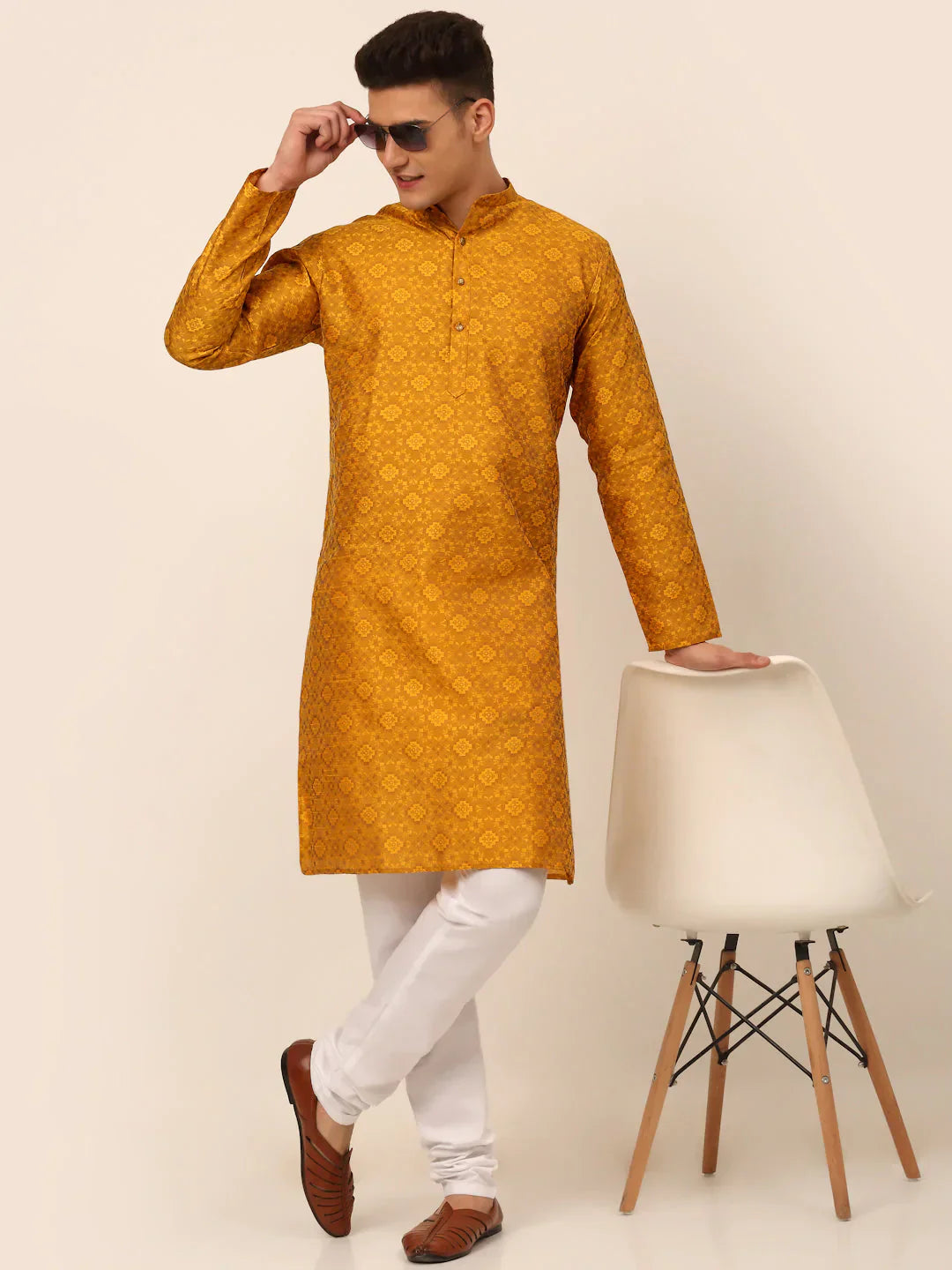Jompers Men's Mustard Floral Printed Kurta Only