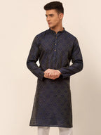 Jompers Men's Navy Blue Floral Printed Kurta Only