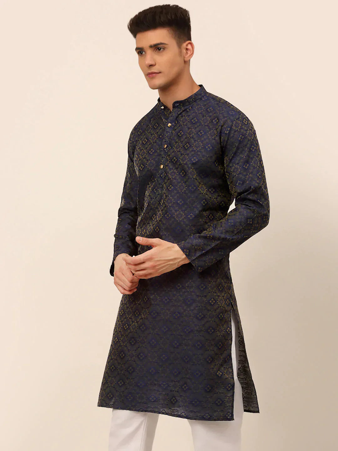 Jompers Men's Navy Blue Floral Printed Kurta Only