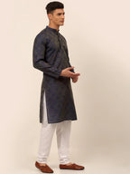 Jompers Men's Navy Blue Floral Printed Kurta Only