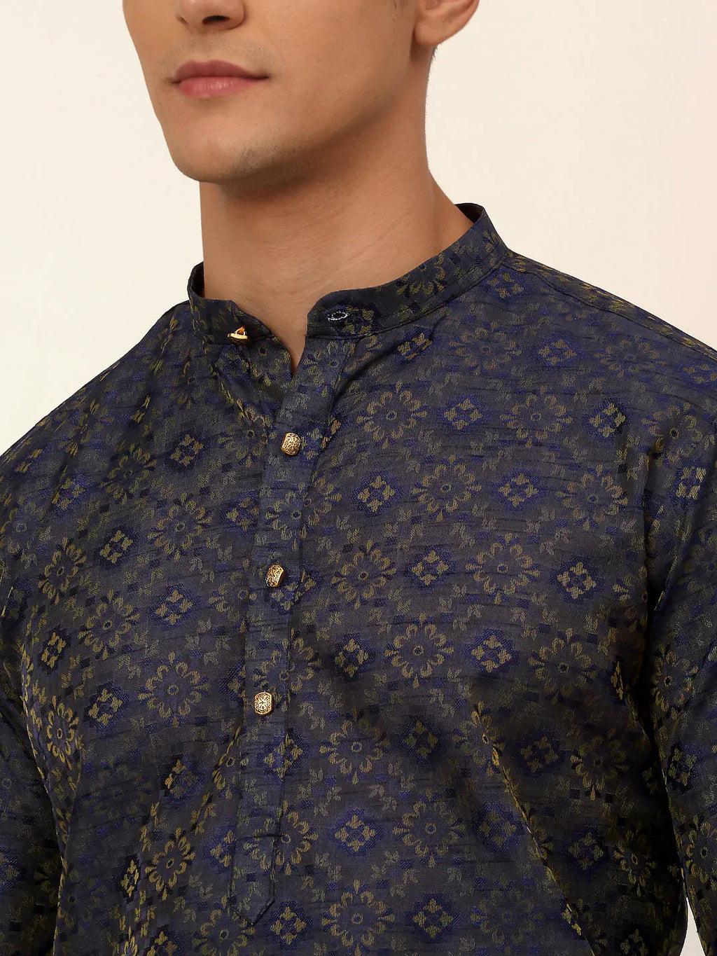 Jompers Men's Navy Blue Floral Printed Kurta Only