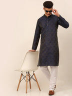 Jompers Men's Navy Blue Floral Printed Kurta Only