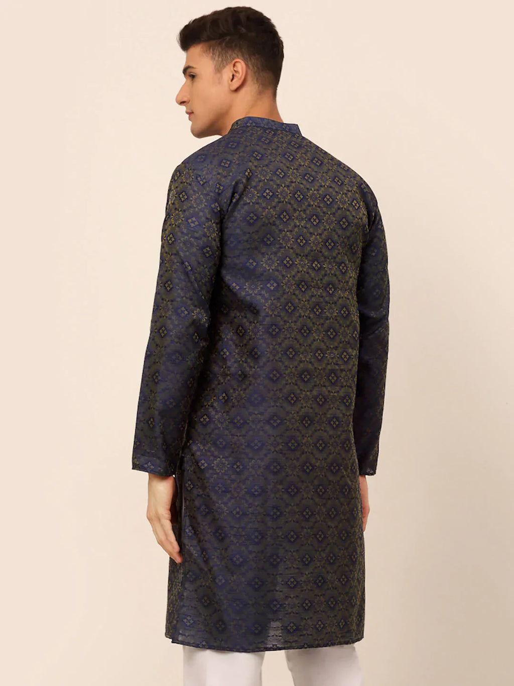 Jompers Men's Navy Blue Floral Printed Kurta Only
