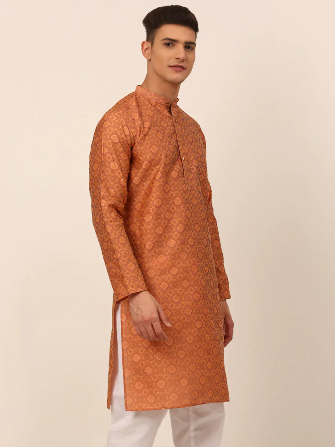 Jompers Men's Peach Floral Printed Kurta Only