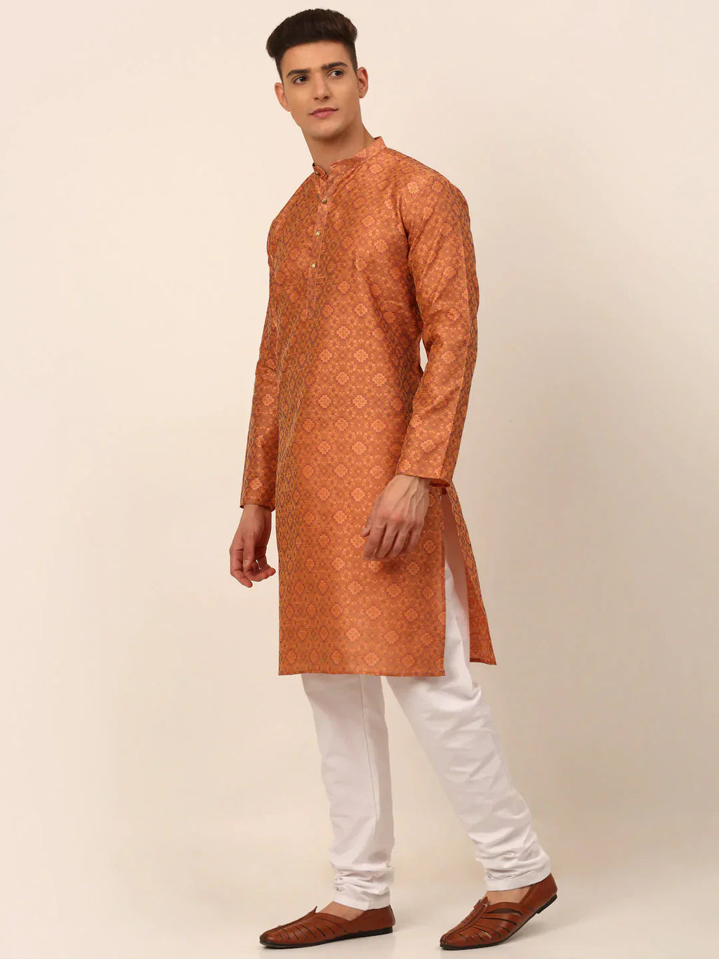 Jompers Men's Peach Floral Printed Kurta Only