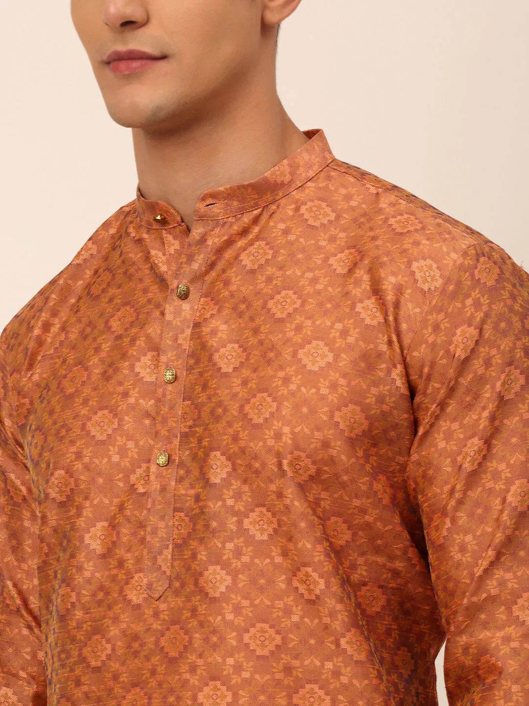 Jompers Men's Peach Floral Printed Kurta Only