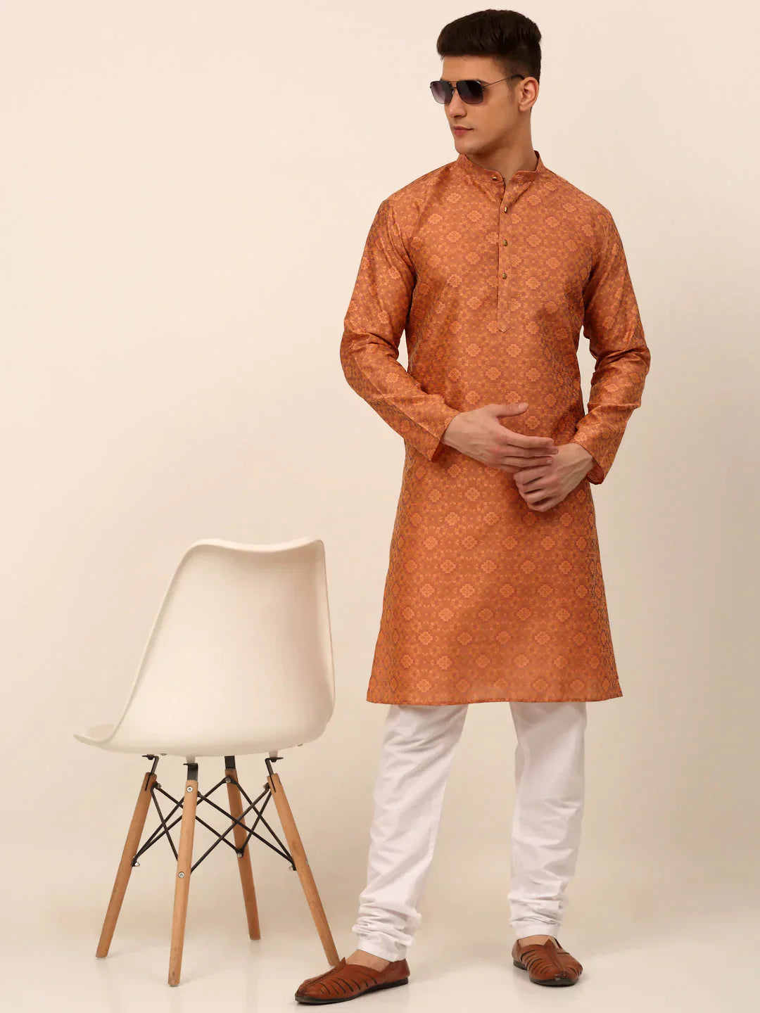 Jompers Men's Peach Floral Printed Kurta Only