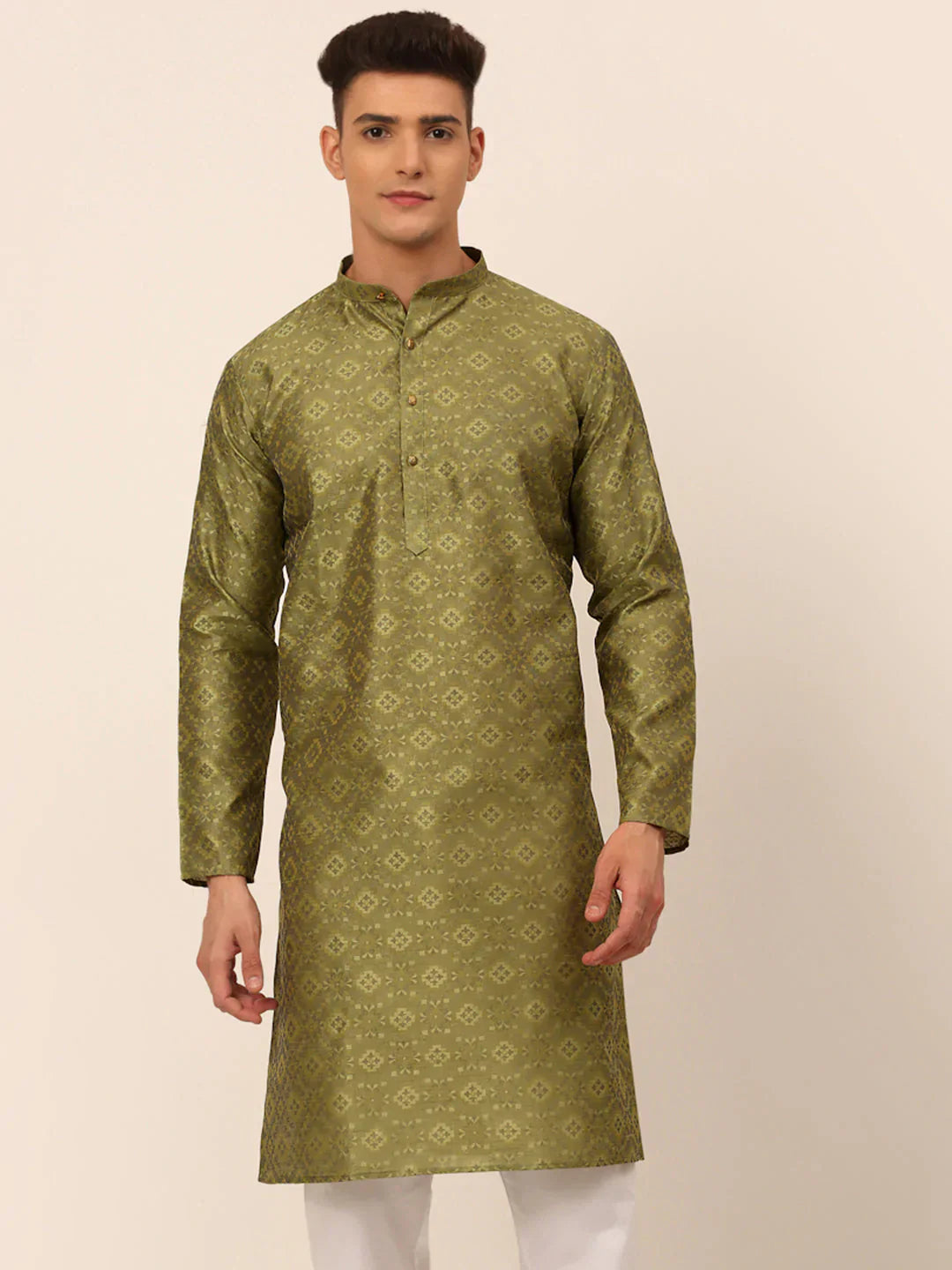 Jompers Men's Pista Green Floral Printed Kurta Only