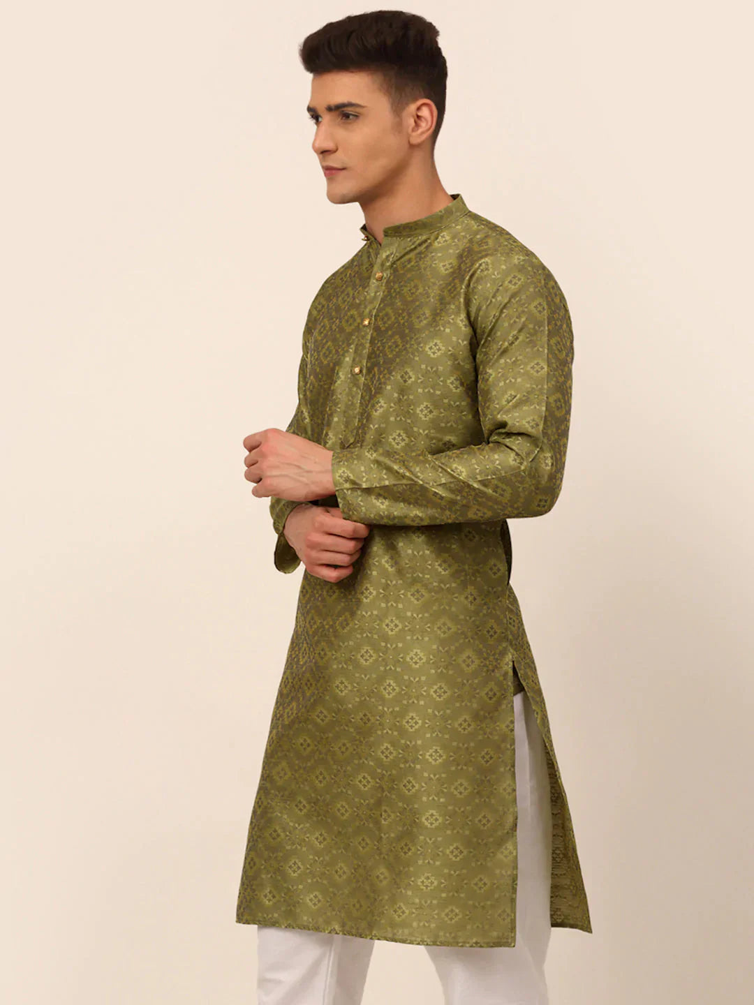 Jompers Men's Pista Green Floral Printed Kurta Only