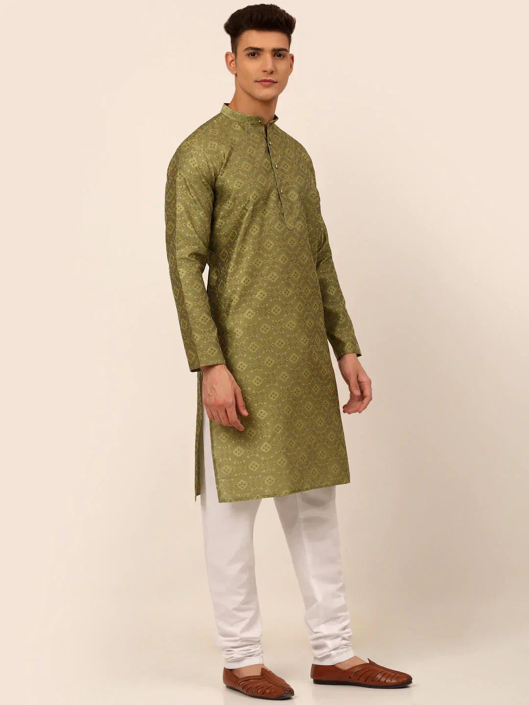Jompers Men's Pista Green Floral Printed Kurta Only