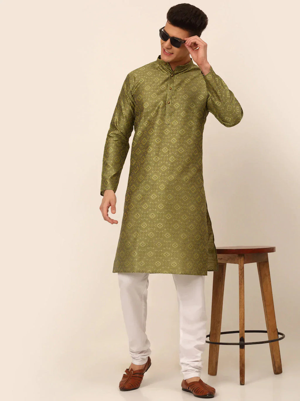 Jompers Men's Pista Green Floral Printed Kurta Only