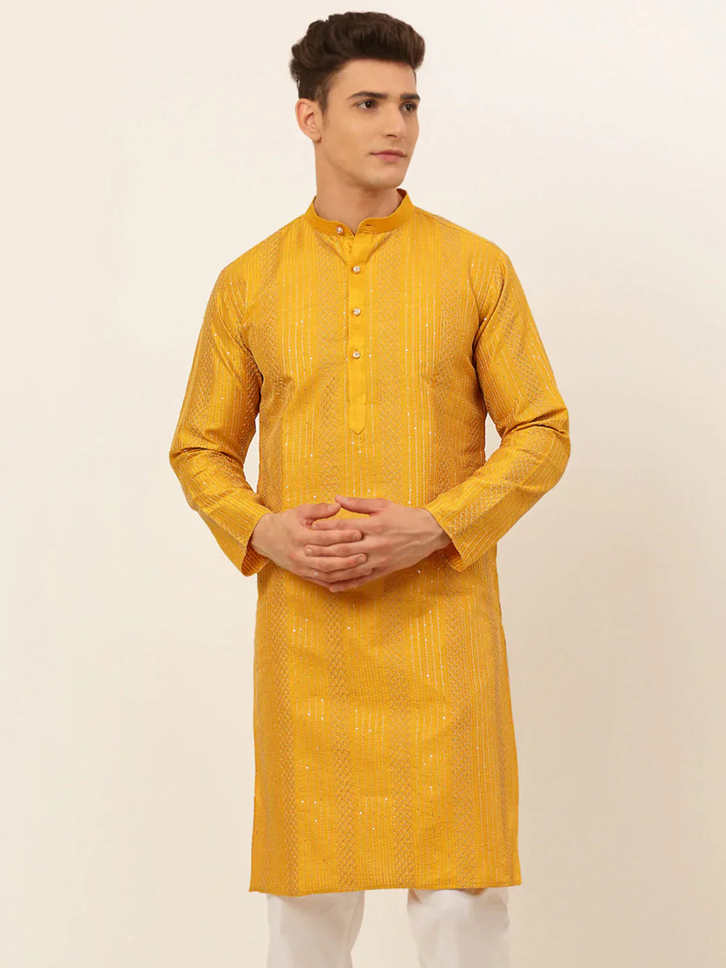 Jompers Men's Mustard Embroiderd Kurta Only