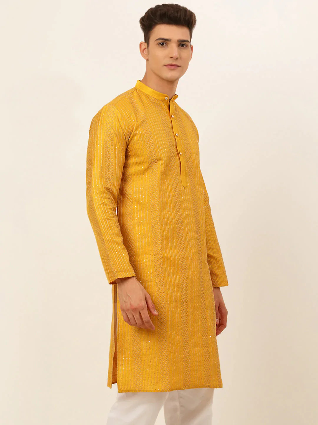 Jompers Men's Mustard Embroiderd Kurta Only