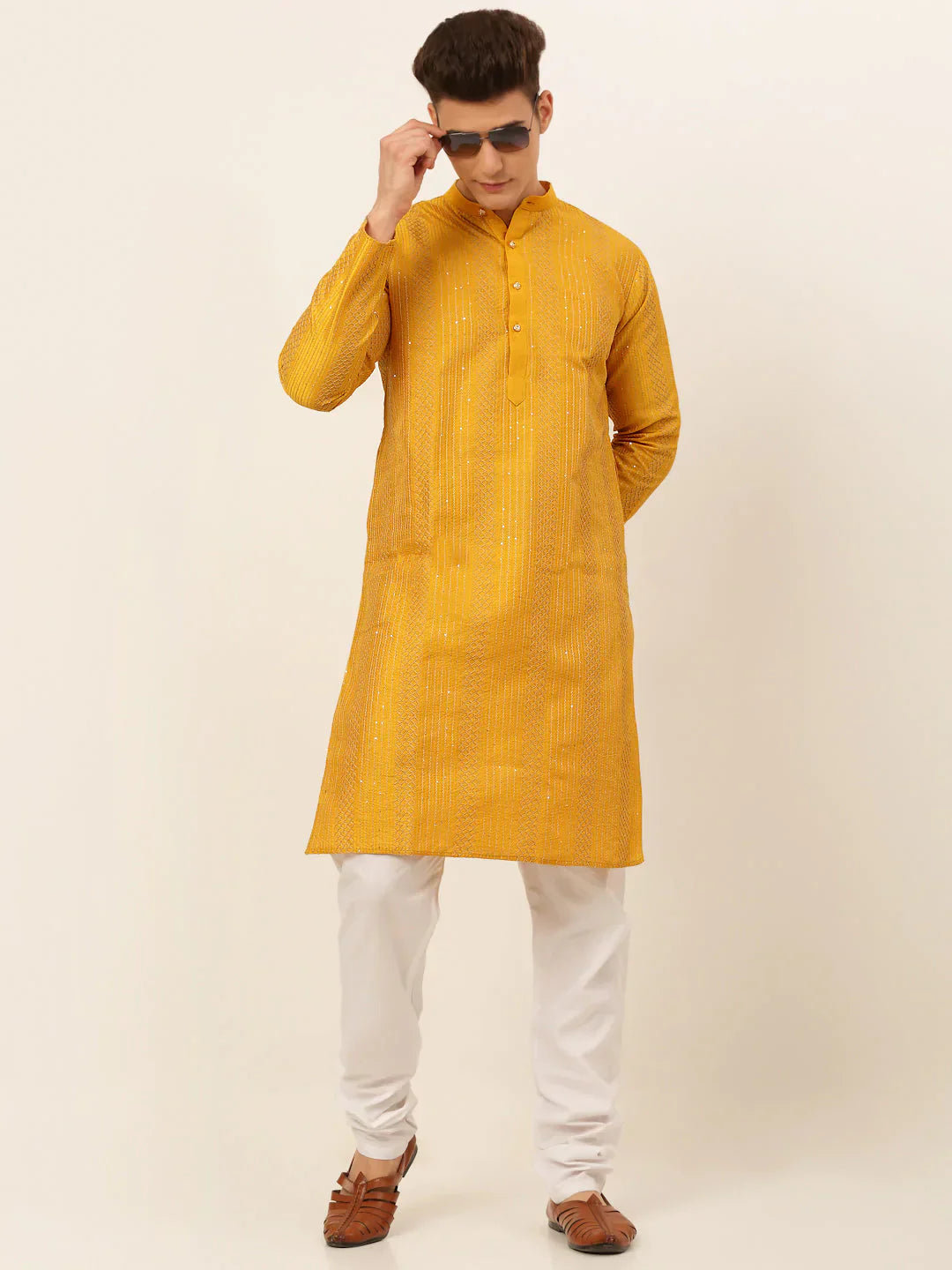 Jompers Men's Mustard Embroiderd Kurta Only