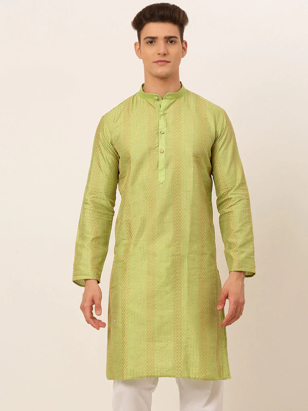 Jompers Men's Pista Green Embroiderd Kurta Only
