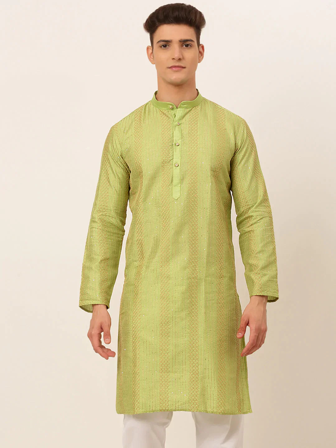 Jompers Men's Pista Green Embroiderd Kurta Only