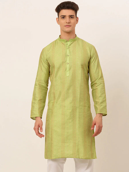 Jompers Men's Pista Green Embroiderd Kurta Only