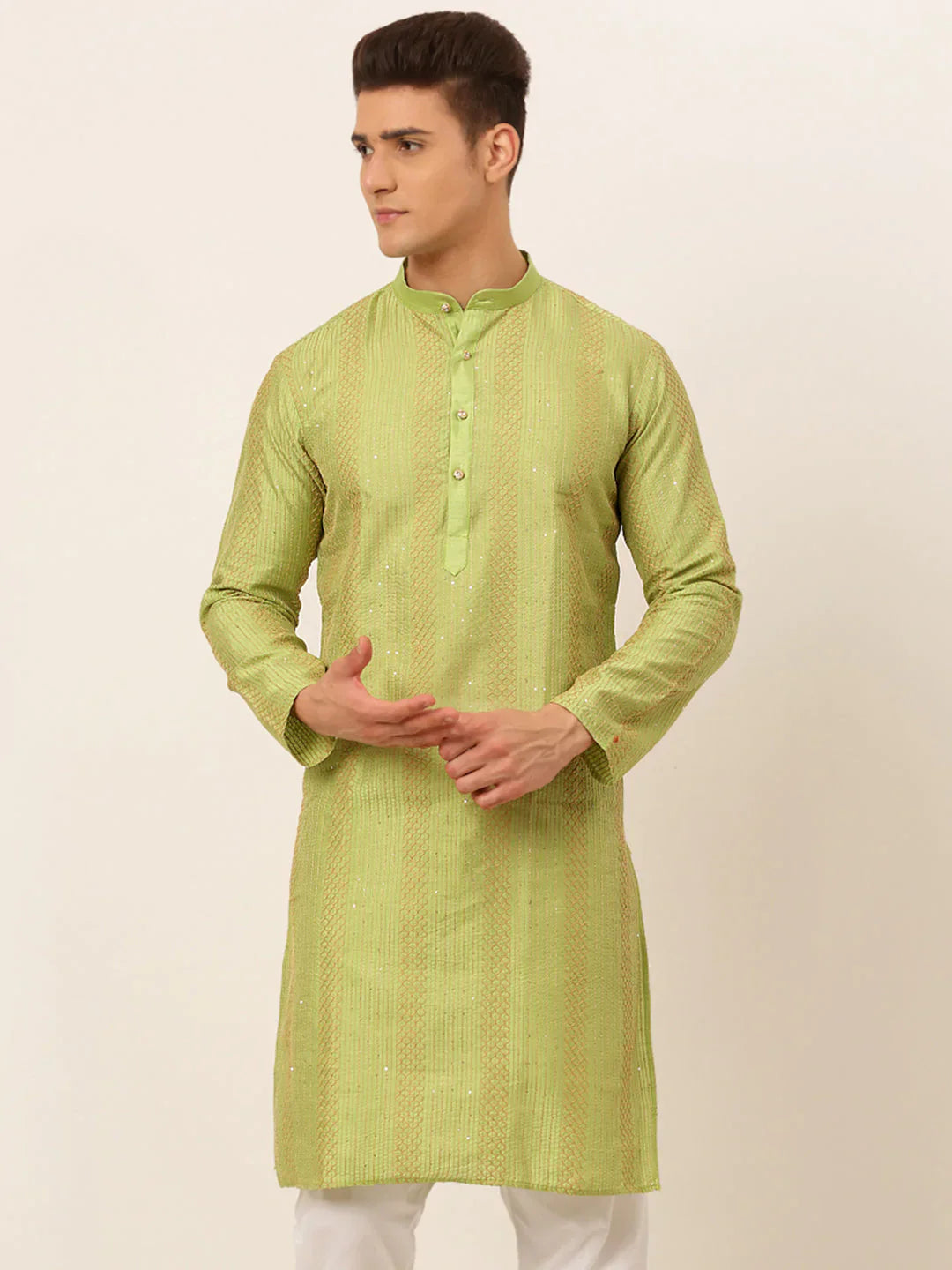 Jompers Men's Pista Green Embroiderd Kurta Only