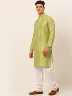 Jompers Men's Pista Green Embroiderd Kurta Only