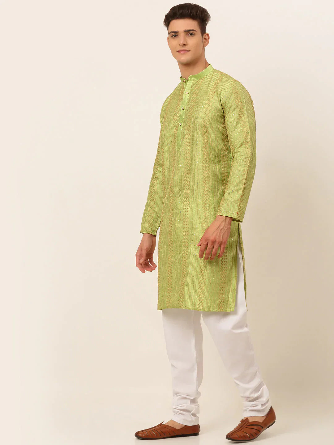 Jompers Men's Pista Green Embroiderd Kurta Only