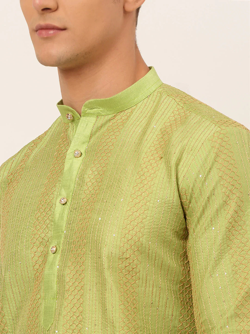 Jompers Men's Pista Green Embroiderd Kurta Only