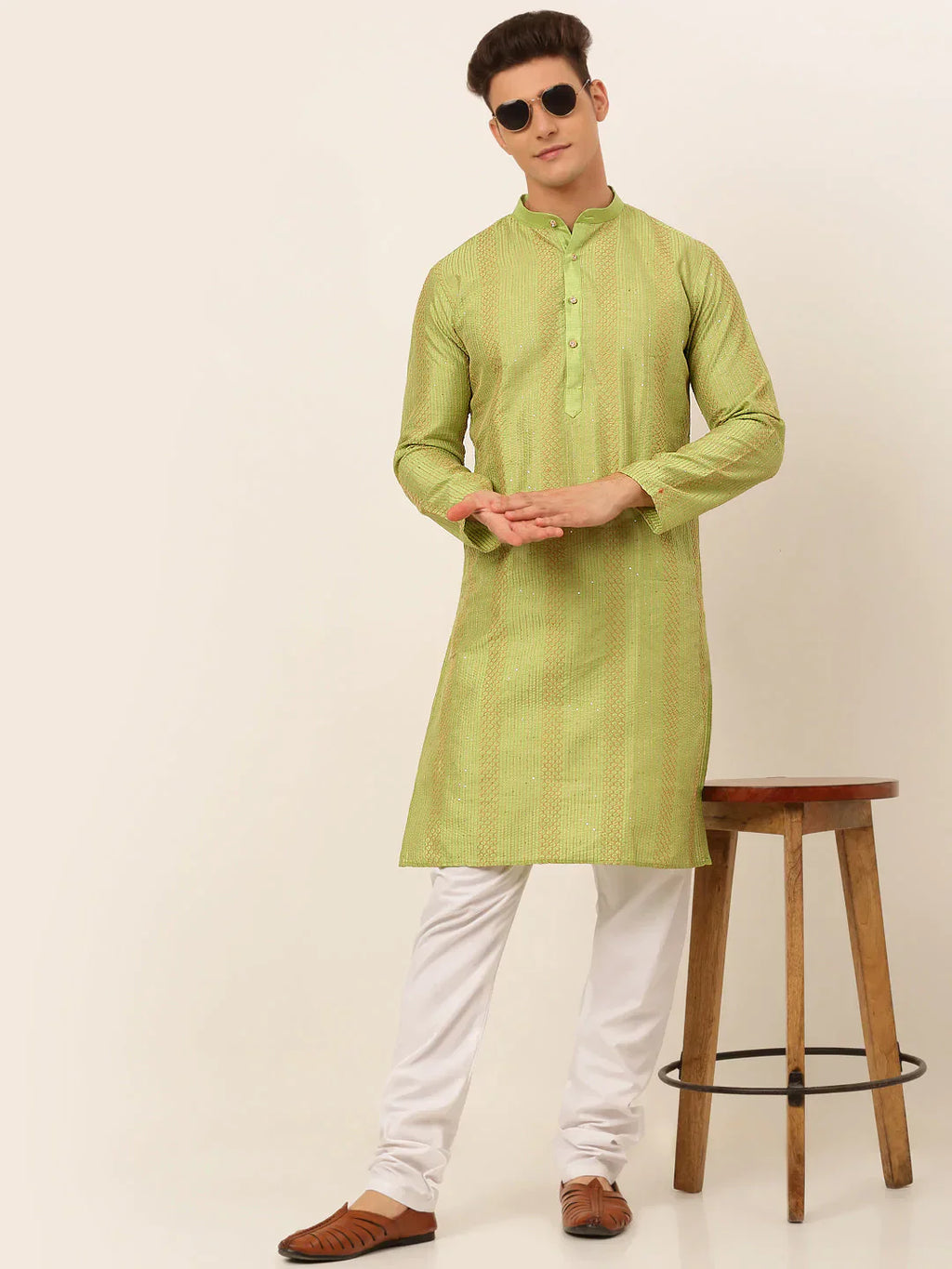 Jompers Men's Pista Green Embroiderd Kurta Only
