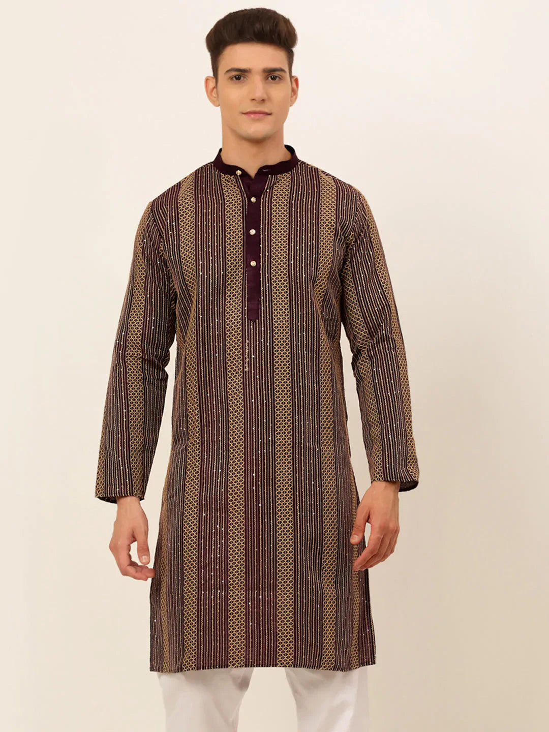 Jompers Men's Purple Embroiderd Kurta Only