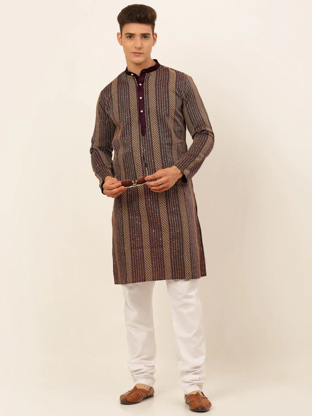 Jompers Men's Purple Embroiderd Kurta Only