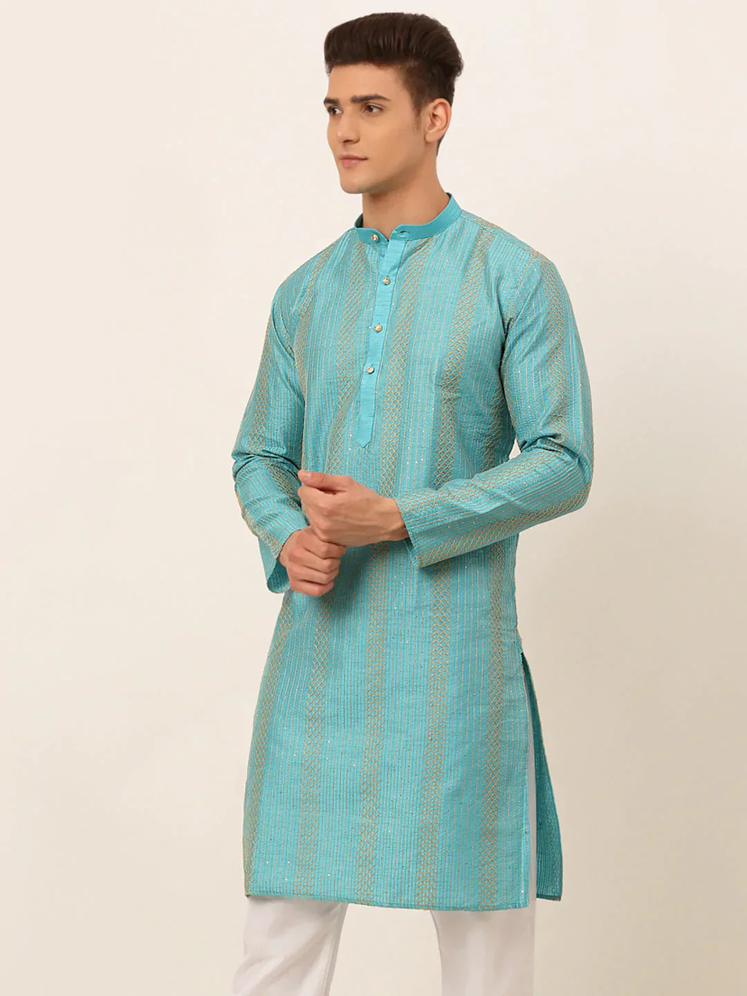 Jompers Men's Sky Blue Embroiderd Kurta Only