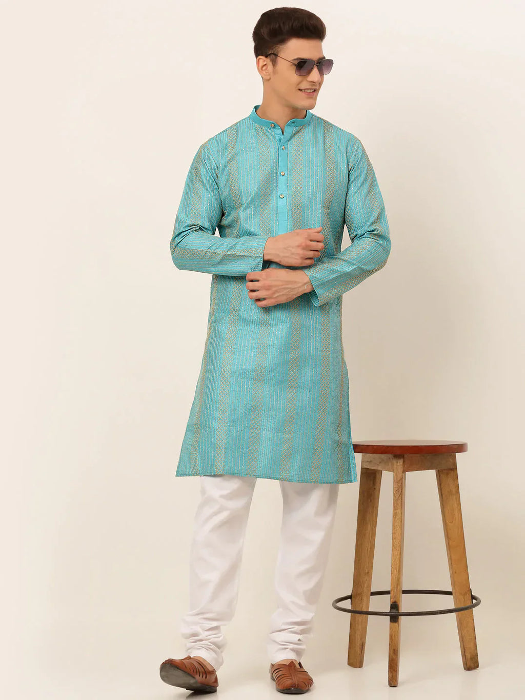 Jompers Men's Sky Blue Embroiderd Kurta Only