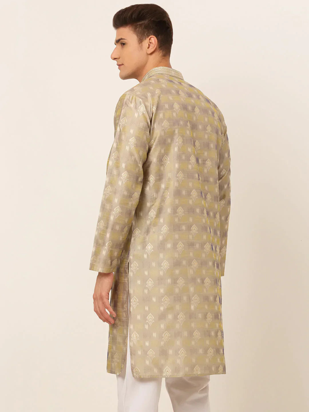 Jompers Men's Beige Collar Embroidered Woven Design Kurta Pajama