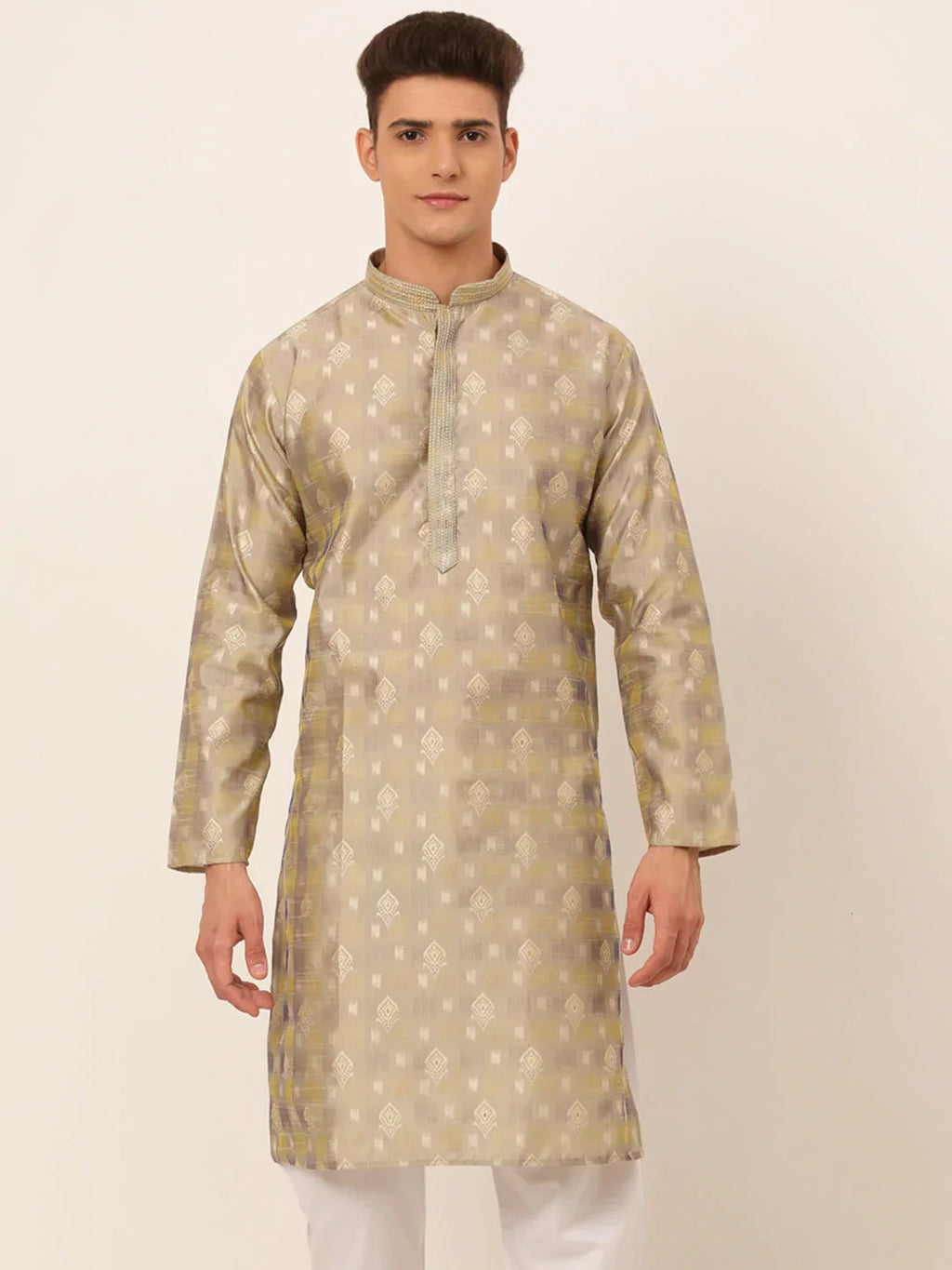 Jompers Men's Beige Collar Embroidered Woven Design Kurta Pajama