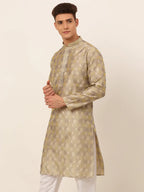 Jompers Men's Beige Collar Embroidered Woven Design Kurta Pajama