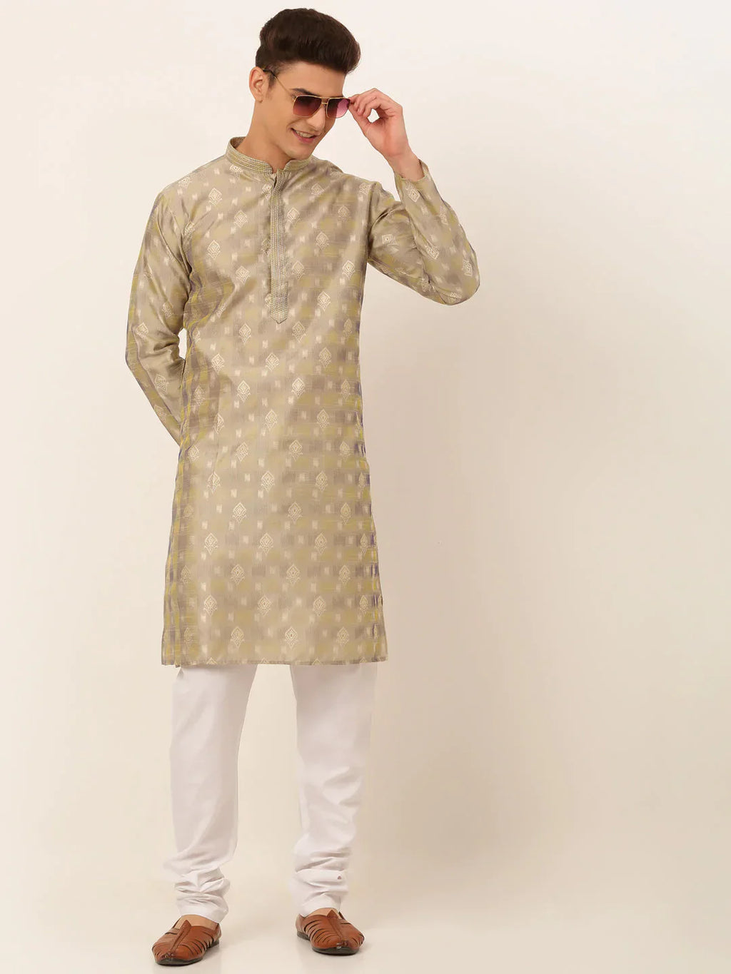 Jompers Men's Beige Collar Embroidered Woven Design Kurta Pajama