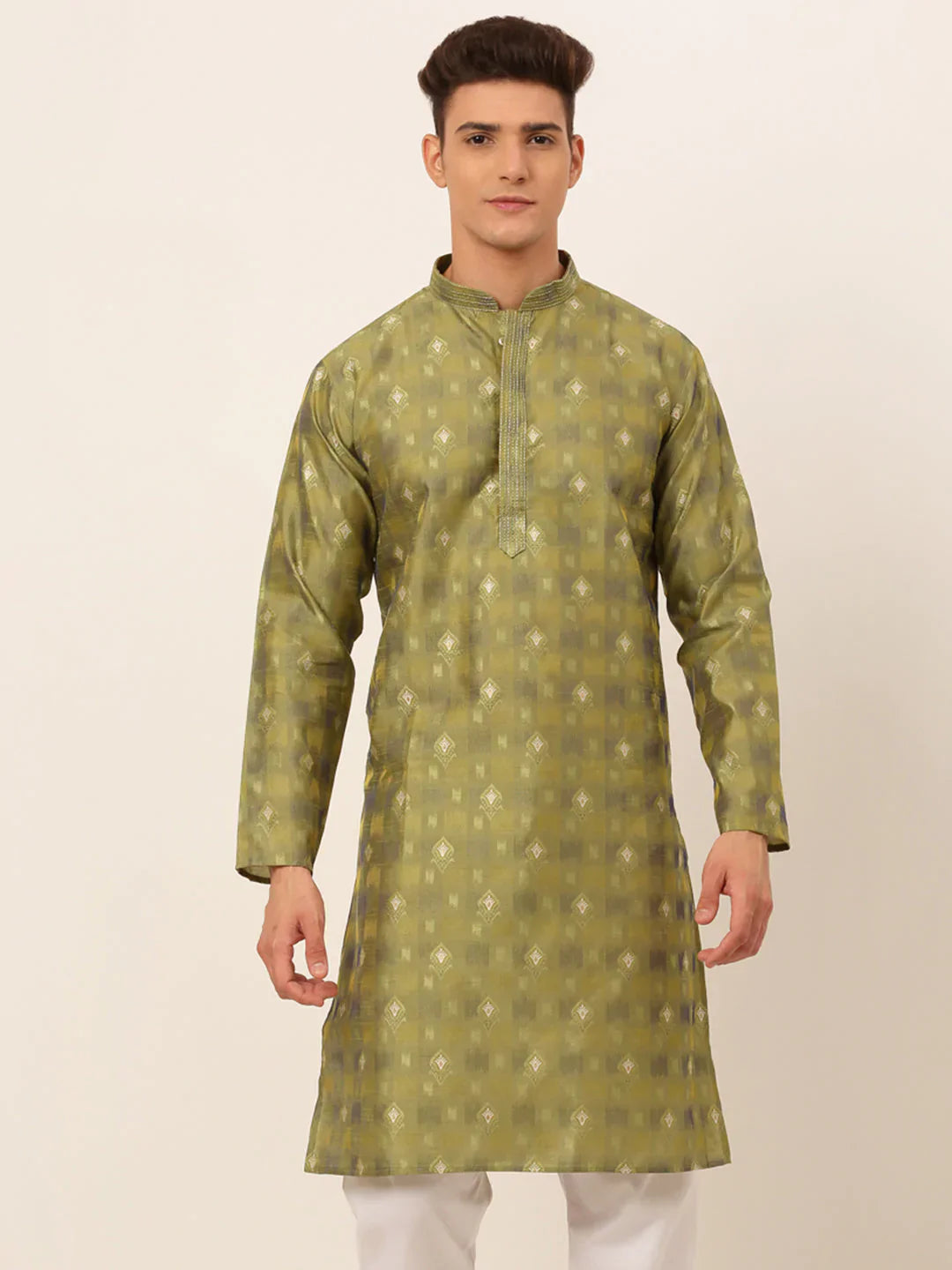 Jompers Men's Green Collar Embroidered Woven Design Kurta Pajama