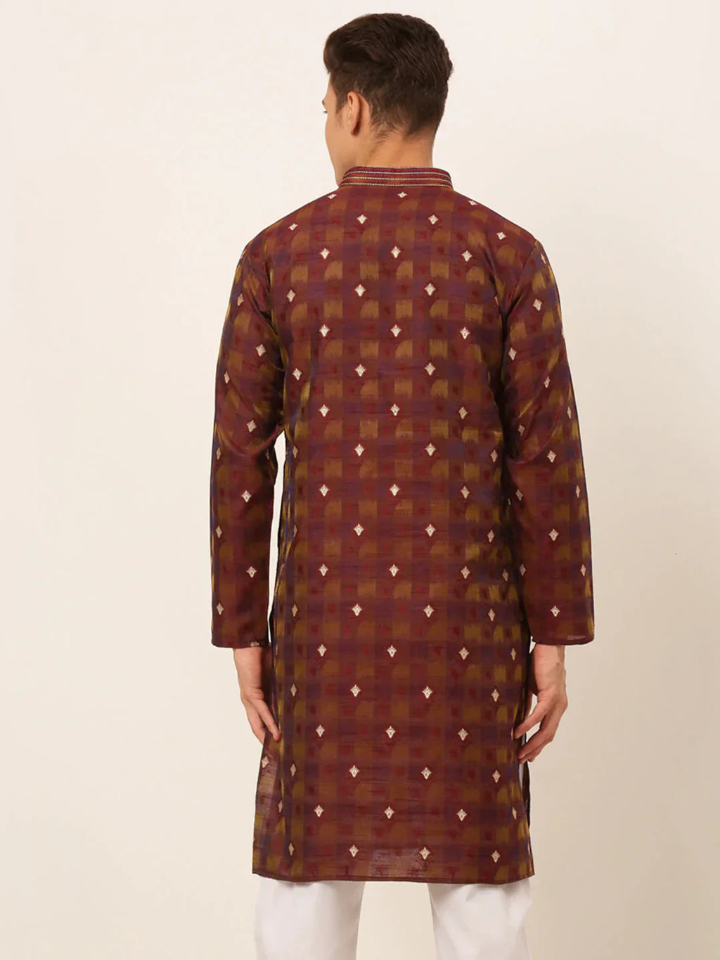 Jompers Men's Maroon Collar Embroidered Woven Design Kurta Pajama