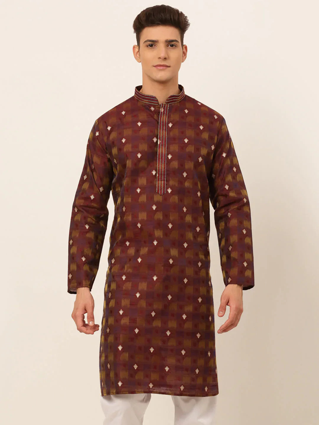 Jompers Men's Maroon Collar Embroidered Woven Design Kurta Pajama