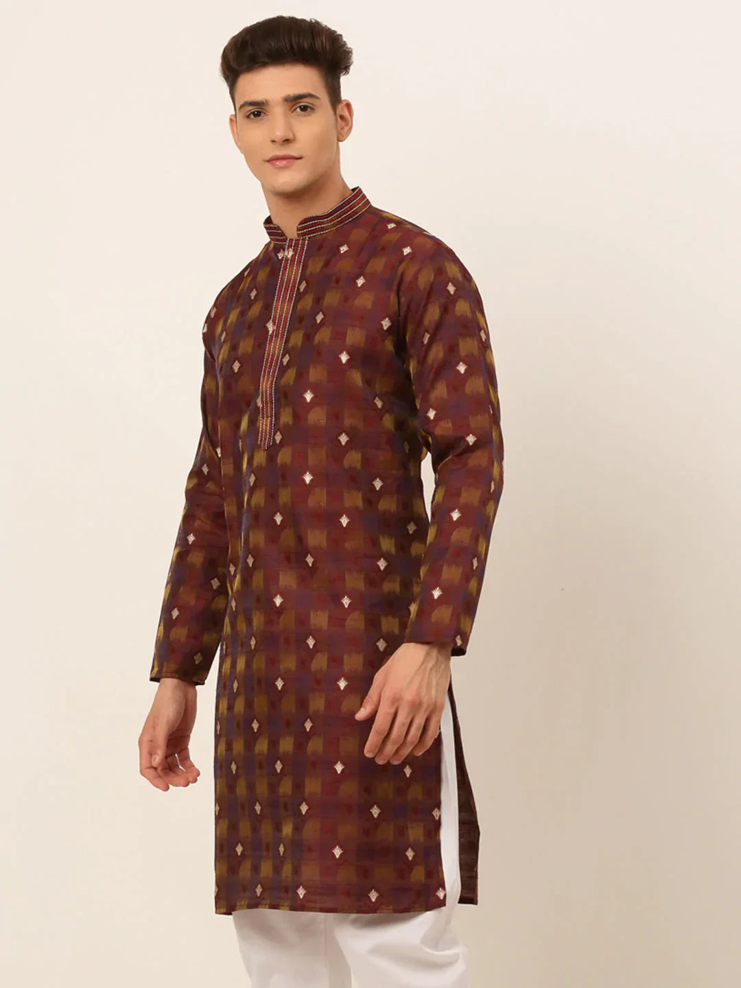 Jompers Men's Maroon Collar Embroidered Woven Design Kurta Pajama