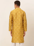 Jompers Men's Mustard Collar Embroidered Woven Design Kurta Pajama