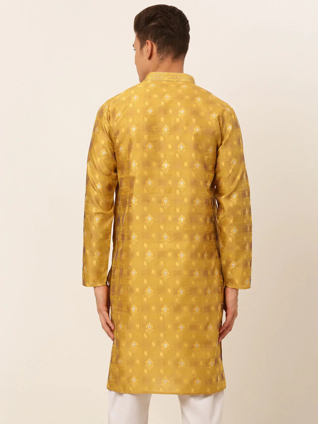 Jompers Men's Mustard Collar Embroidered Woven Design Kurta Pajama
