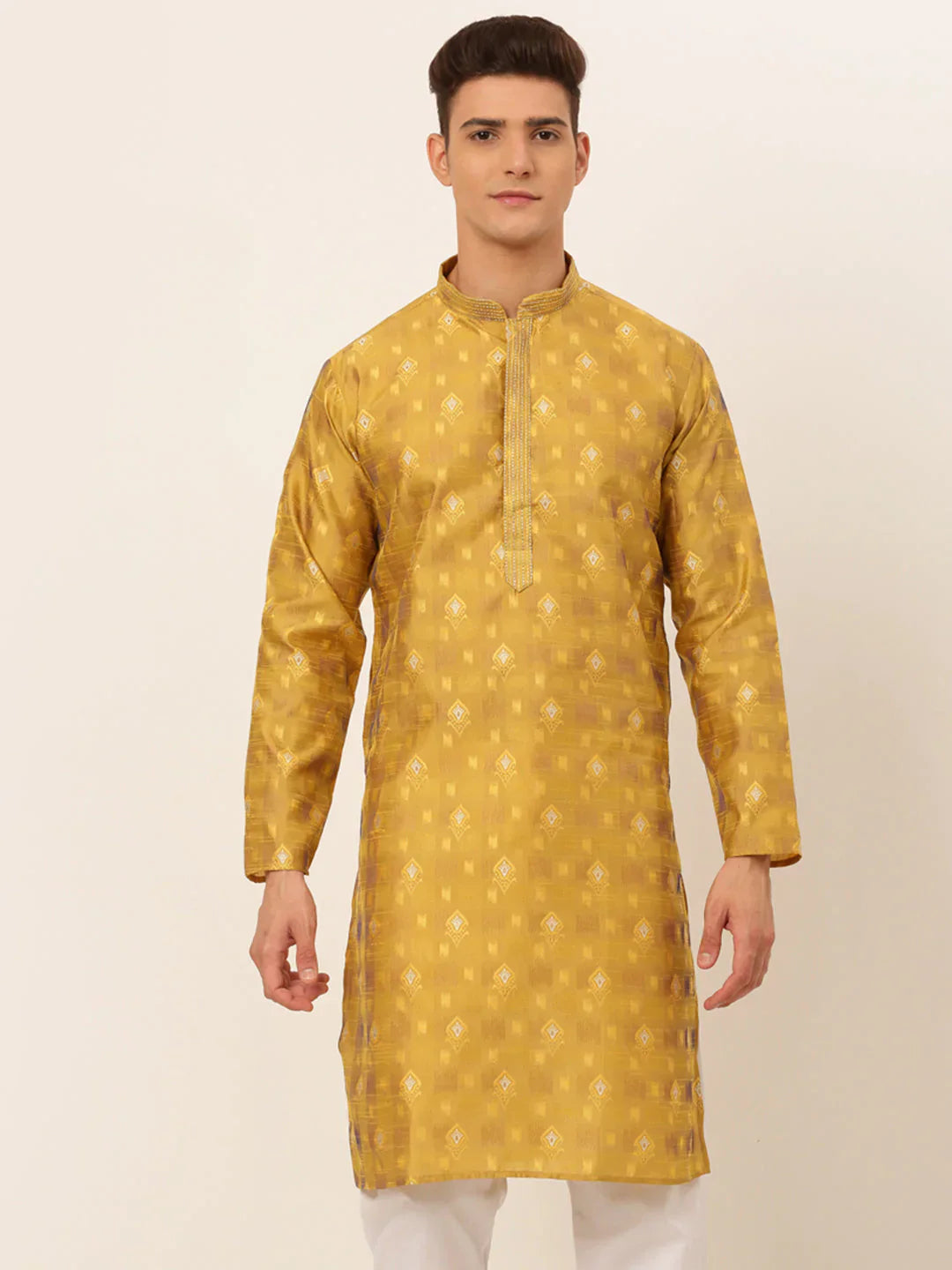 Jompers Men's Mustard Collar Embroidered Woven Design Kurta Pajama