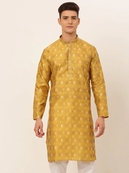 Jompers Men's Mustard Collar Embroidered Woven Design Kurta Pajama