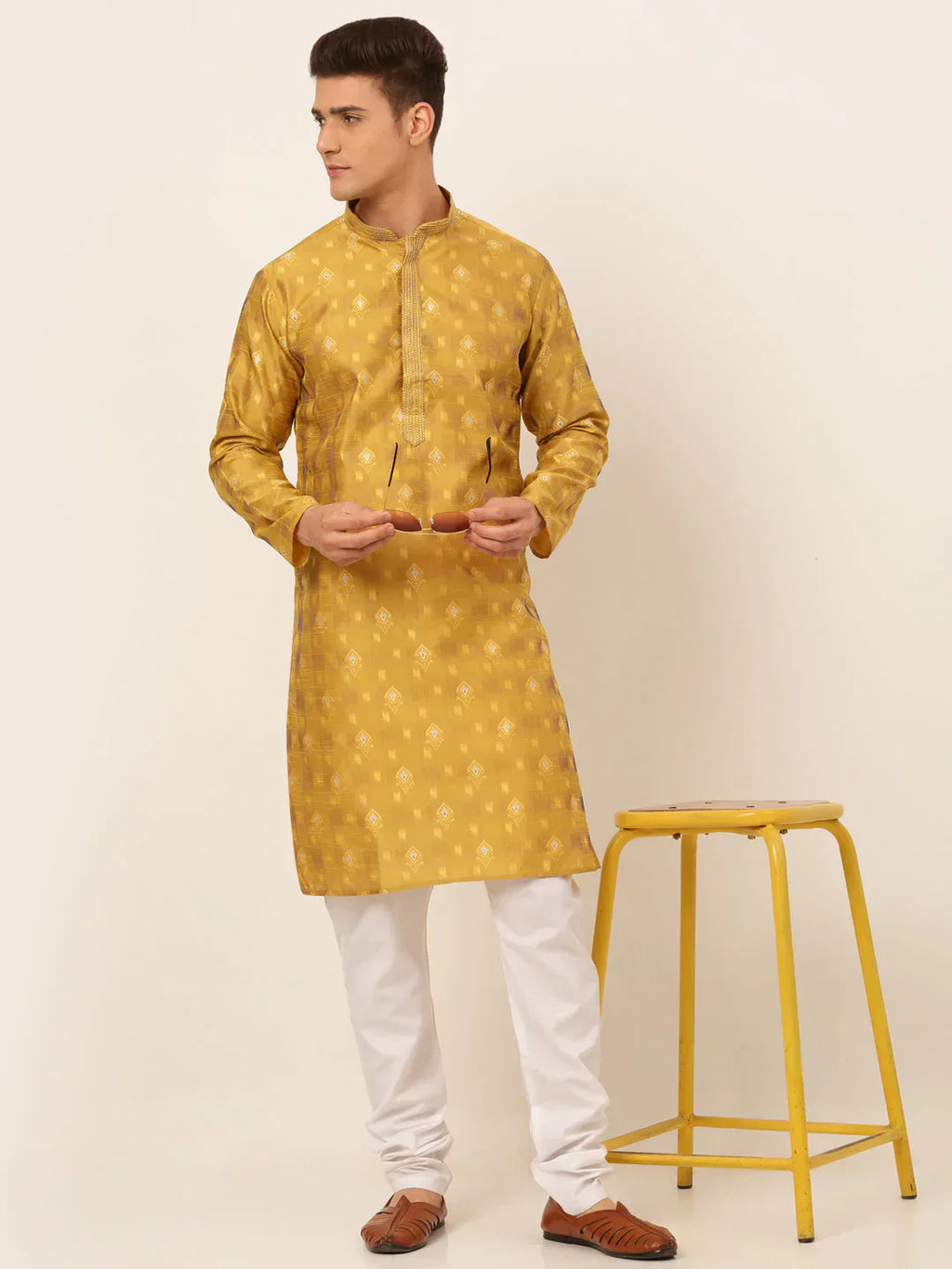 Jompers Men's Mustard Collar Embroidered Woven Design Kurta Pajama
