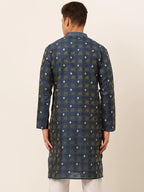Jompers Men's Navy Blue Collar Embroidered Woven Design Kurta Pajama