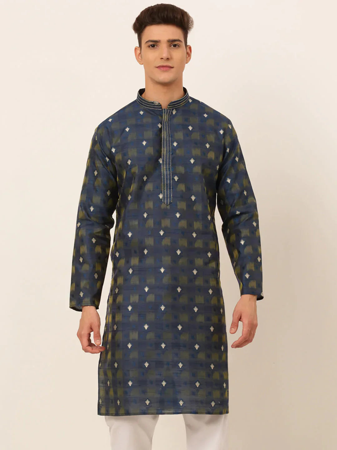 Jompers Men's Navy Blue Collar Embroidered Woven Design Kurta Pajama