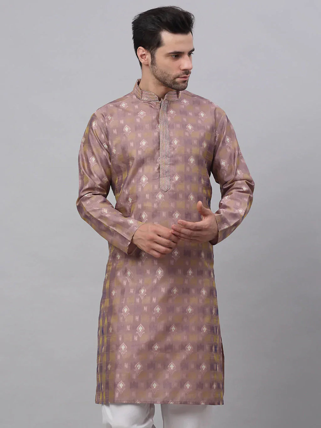Jompers Men's Pink Collar Embroidered Woven Design Kurta Pajama