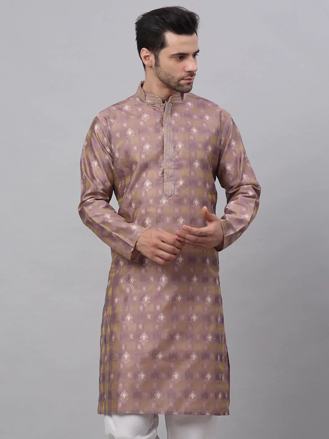 Jompers Men's Pink Collar Embroidered Woven Design Kurta Pajama