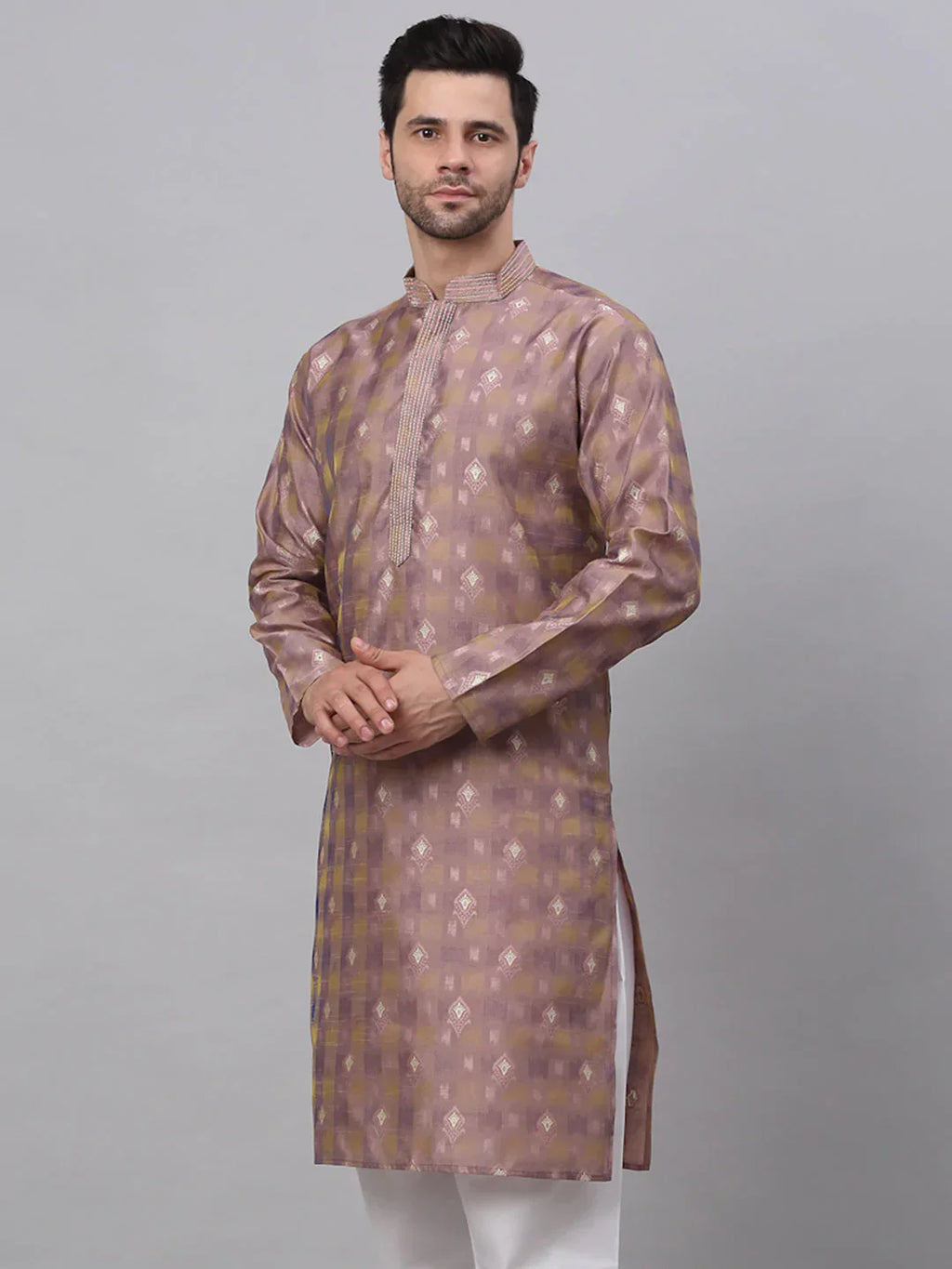 Jompers Men's Pink Collar Embroidered Woven Design Kurta Pajama