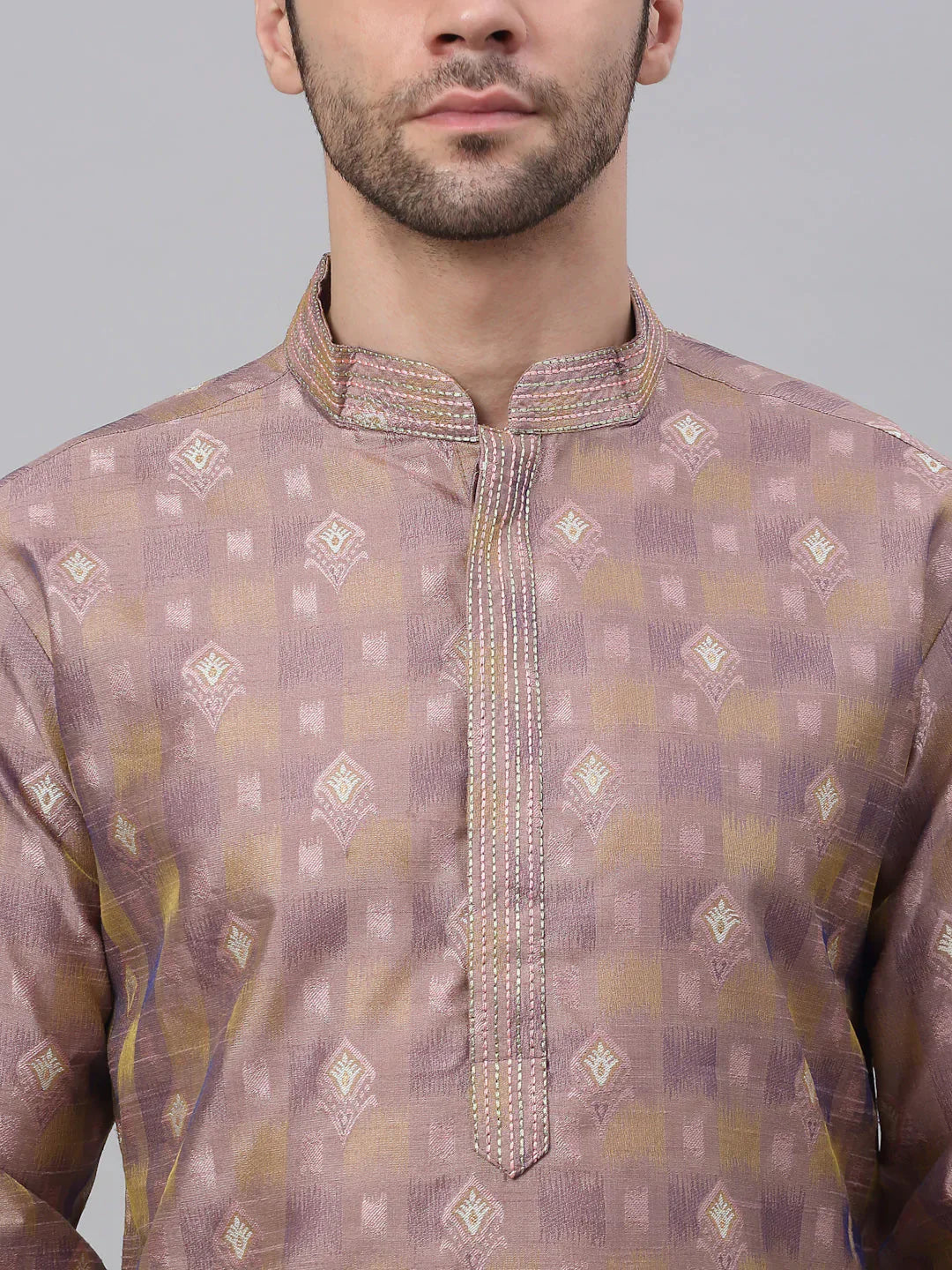 Jompers Men's Pink Collar Embroidered Woven Design Kurta Pajama