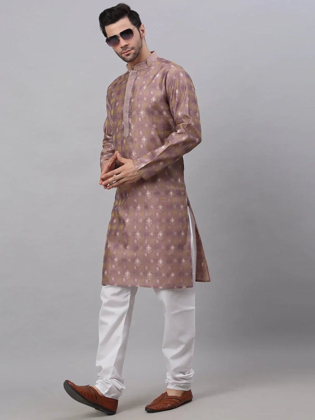 Jompers Men's Pink Collar Embroidered Woven Design Kurta Pajama